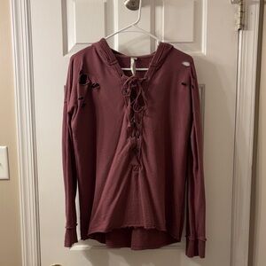 Mono B Lace-Up Distressed Hoodie in Plum